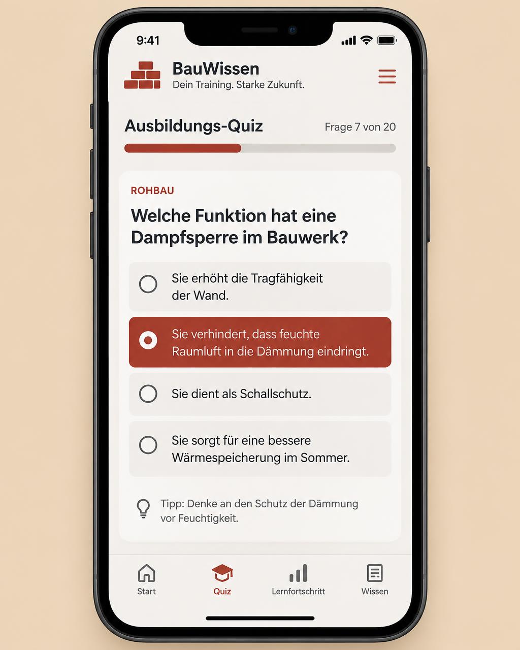 Vorschau der Trainer-App mit Prüfungsfrage auf dem Handy