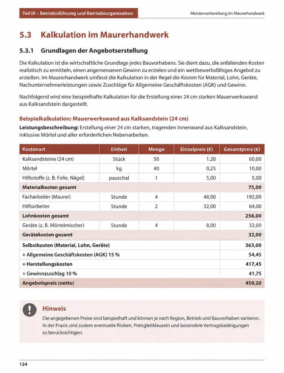 Kalkulation mit kompletter Beispielrechnung