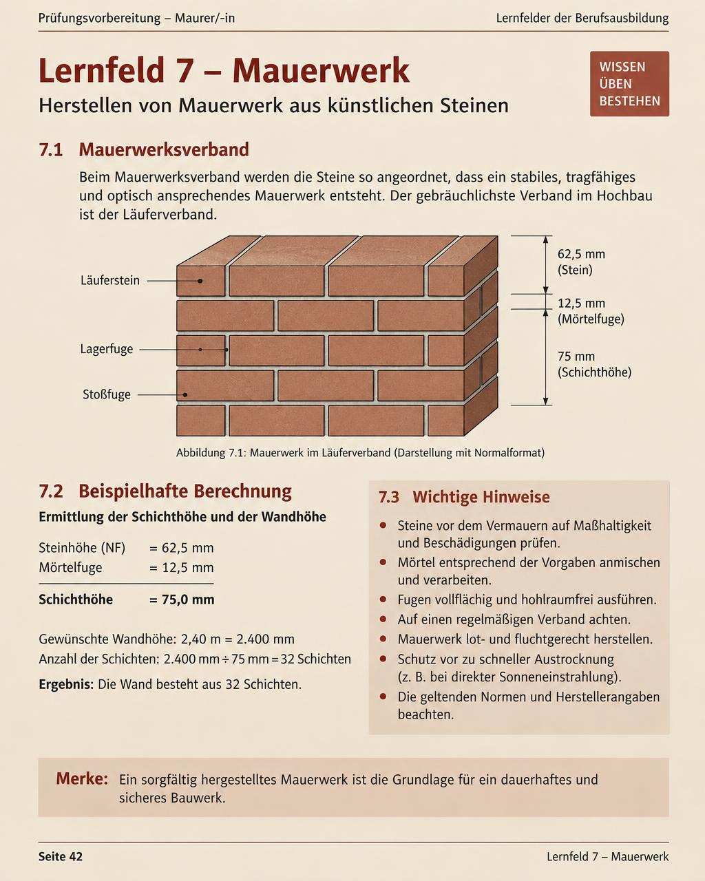 Ausschnitt aus dem GP2-Lernpaket: Lernfeld Mauerwerk mit Zeichnung und Rechenweg
